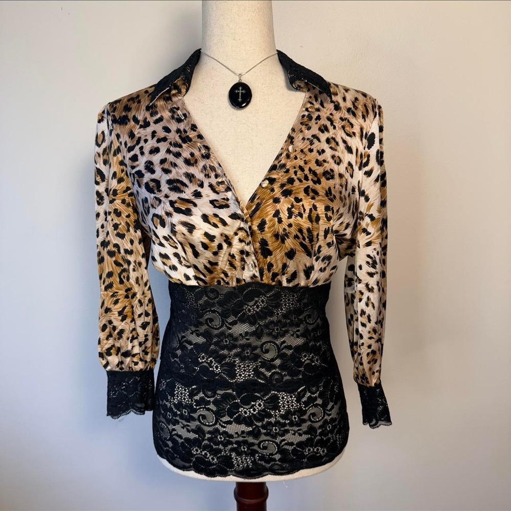 Saphir Silk Leopard Lace V-Neck Blouse 3/4 Sleeve Deadstock French Medium